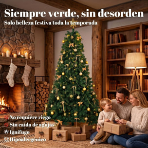 Árbol de Navidad con 296 LED Blanco Cálido, 230 cm, Árbol de Navidad Decorativo, 1405 Ramas Ignífugas, Estrella, 42 Bolas, 30 Lazos y Decoración Dorada, Verde