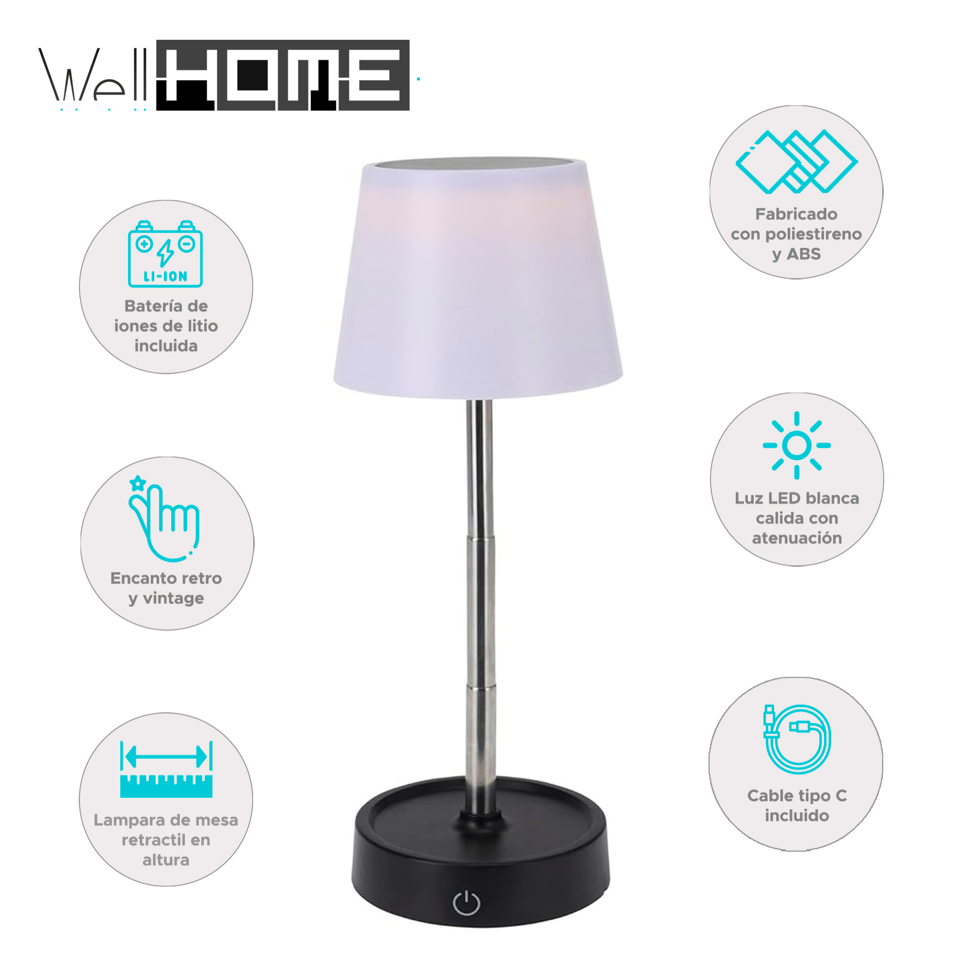Well Home Lámpara de Mesa Retráctil con Luz LED SMD Blanca Cálida y Atenuación Continua Ø10,6x11,5cm