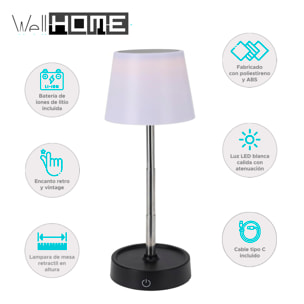 Well Home Lámpara de Mesa Retráctil con Luz LED SMD Blanca Cálida y Atenuación Continua Ø10,6x11,5cm