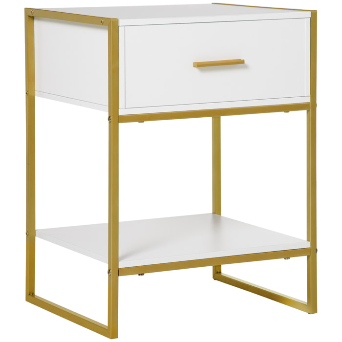 HOMCOM Mesita de Noche Mesa Auxiliar con 1 Cajón y Estante de Almacenamiento para Dormitorio Salón Cama Oficina Estilo Moderno 45x40x60 cm Blanco