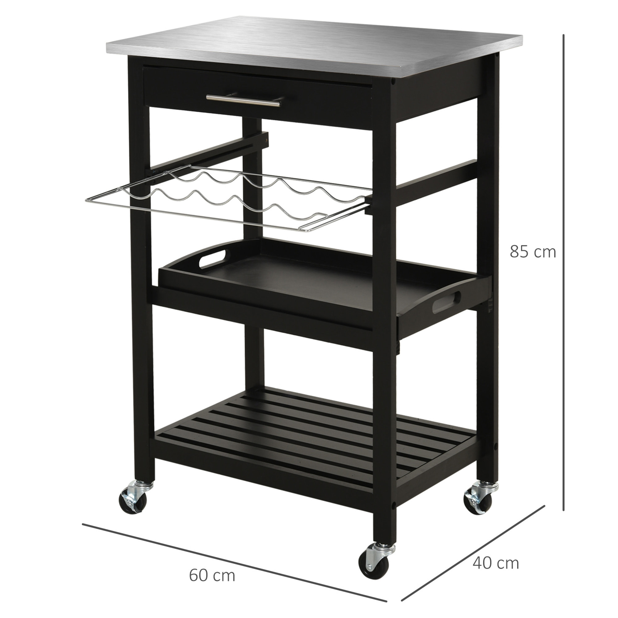 HOMCOM Chariot de service desserte de cuisine à roulettes multi-rangements 60L x 40l x 85H cm plateau acier inox. MDF pin noir