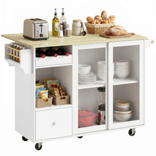 Isla de Cocina con Encimera Abatible, Carrito de Cocina con Puertas Correderas de Vidrio, Botellero, Ruedas, Cajón, Especiero y Estante Ajustable, Blanco y Roble