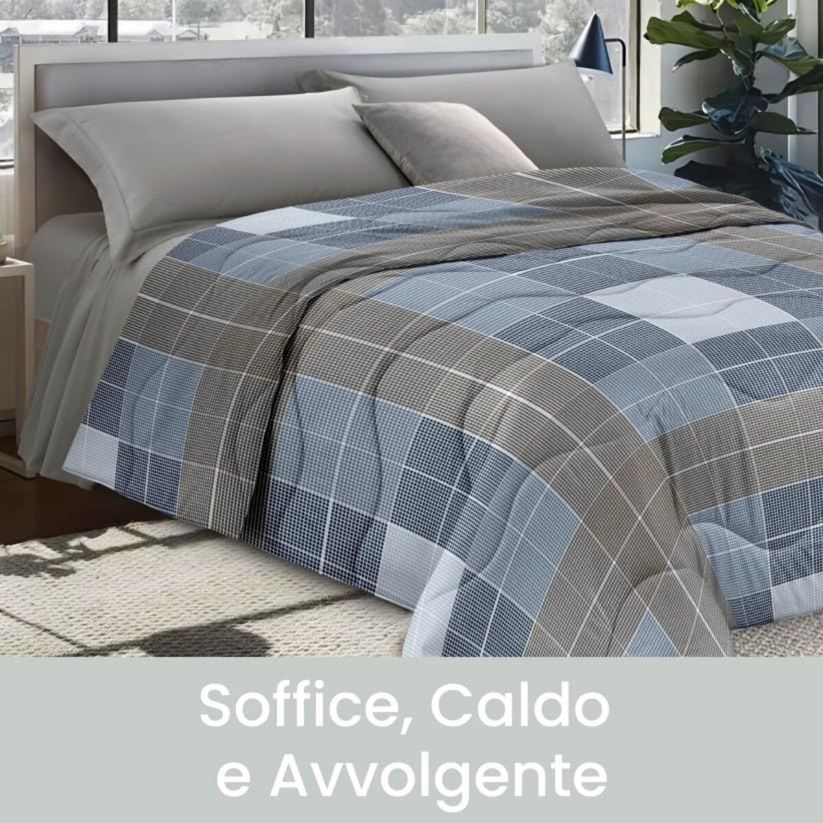 INTRECCI Piumino Matrimoniale, 260 x 260 cm, Piumino Ecologico, Caldo, Invernale, 300 g/m², Anallergico e Antiacaro, Made in Italy, Lavabile in Lavatrice, Soffice, Morbido. Fantasia: Quadri Blu