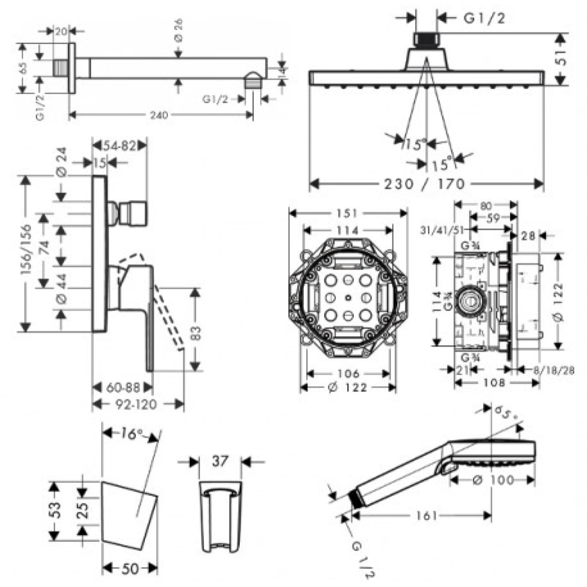 Pack douche : Porte coulissante 120cm + Paroi latérale 80cm + Set de douche tout en 1 + Receveur 120x80cm Noir