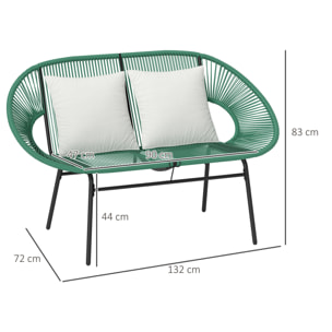 Banc de jardin 2 places design Acapulco 2 coussins métal résine filaire vert