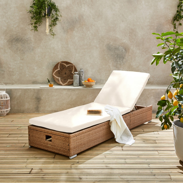 Bain de soleil. résine tressée. coussins polyester beige. multi-position. Olbia L195 x P65 x H32/97cm