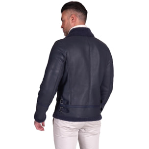 Montone blu Shearling biker uomo collo camicia con fibbia