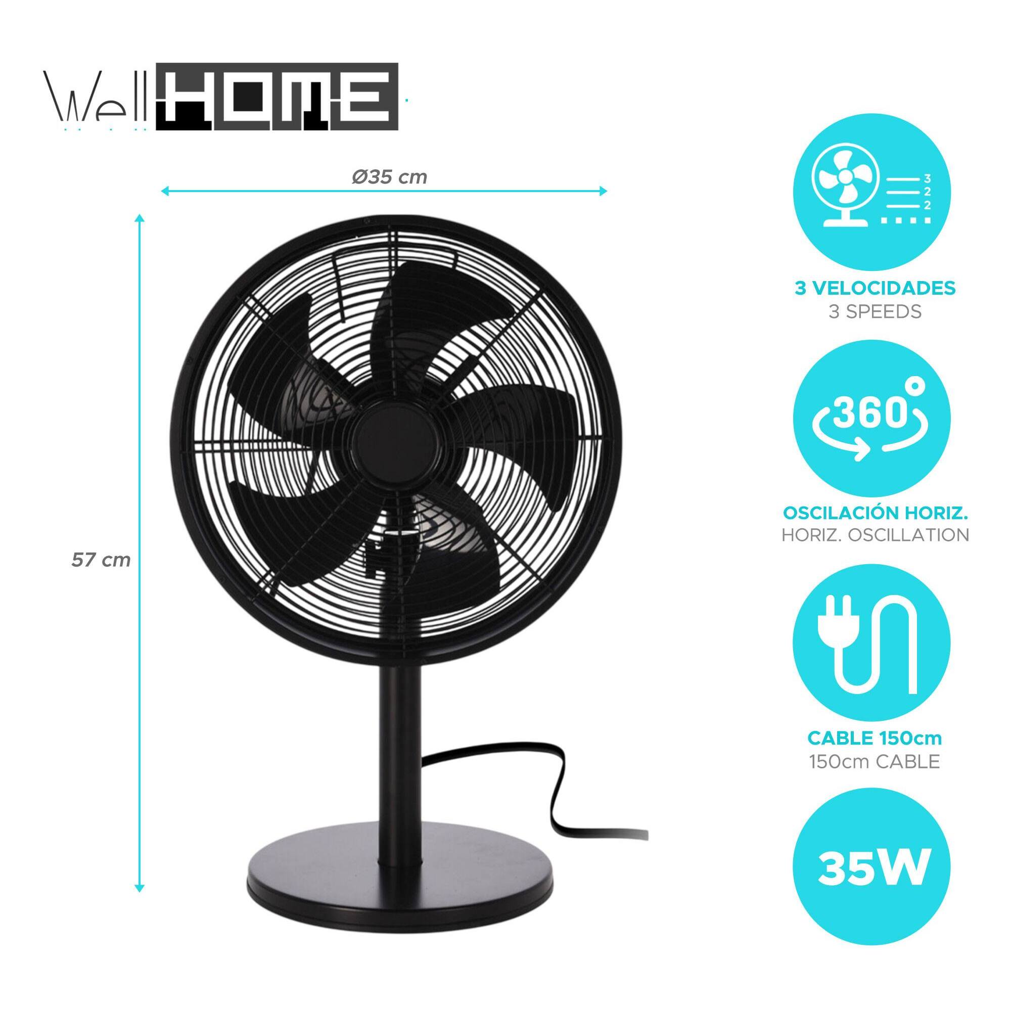 Well Home Ventilador de pie, Ø35cm, 35W, 3 velocidades, oscilación horizontal, 220-240V 50Hz, negro mate