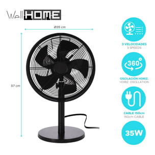 Well Home Ventilador de pie, Ø35cm, 35W, 3 velocidades, oscilación horizontal, 220-240V 50Hz, negro mate