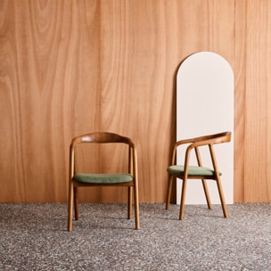 Fauteuil vintage bois d'hévéa teinté noyer et velours côtelé (lot de 2) SARA