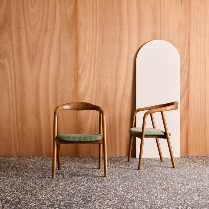 Fauteuil vintage bois d'hévéa teinté noyer et velours côtelé (lot de 2) SARA