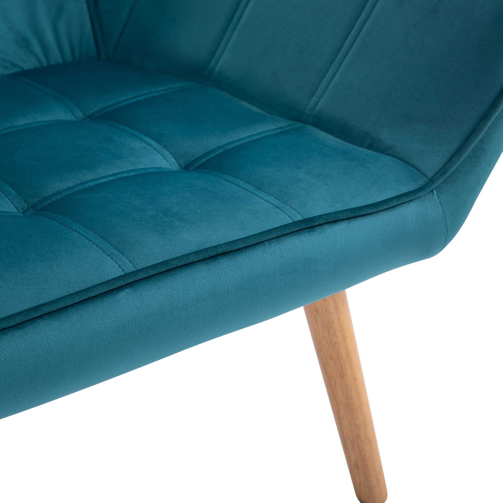 Fauteuil salon design scandinave piètement bois hévéa velours effet capitonné bleu canard