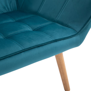 Fauteuil salon design scandinave piètement bois hévéa velours effet capitonné bleu canard