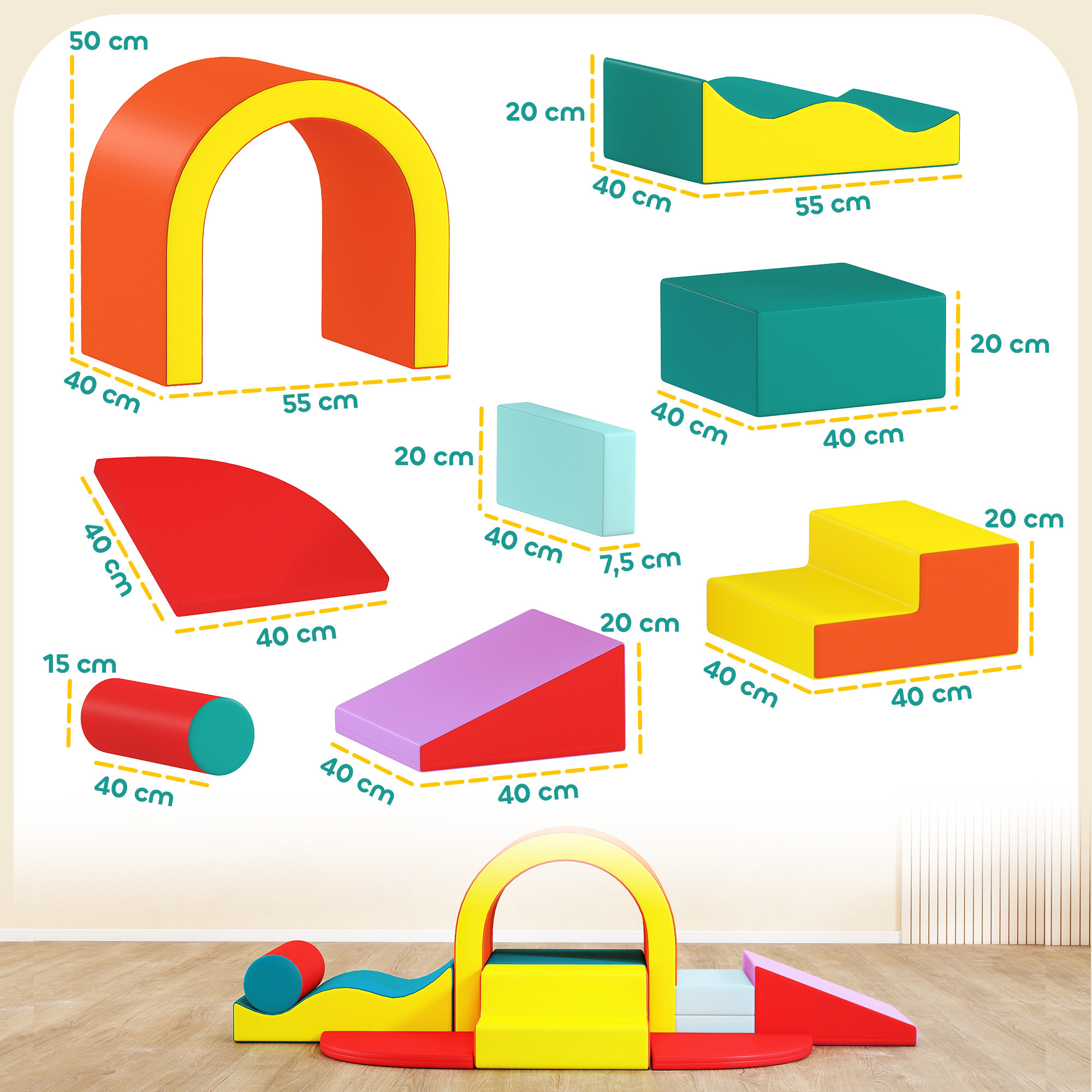 Parcours motricité bébé 10 pièces mousse EPE housse synthétique multicolore