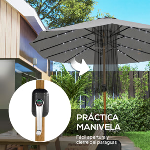 Sombrilla Doble con 48 Luces LED, 4,6x2,6 m, Sombrilla Terraza Exterior con Base Incluida, Manivela, Sacos Arena, Funda, Anti-UV, Resistente al Agua, Parasol para Jardín, Terraza, Gris