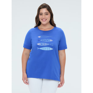 Fiorella Rubino - Camiseta de algodón con estampado y perlas - Azul aciano