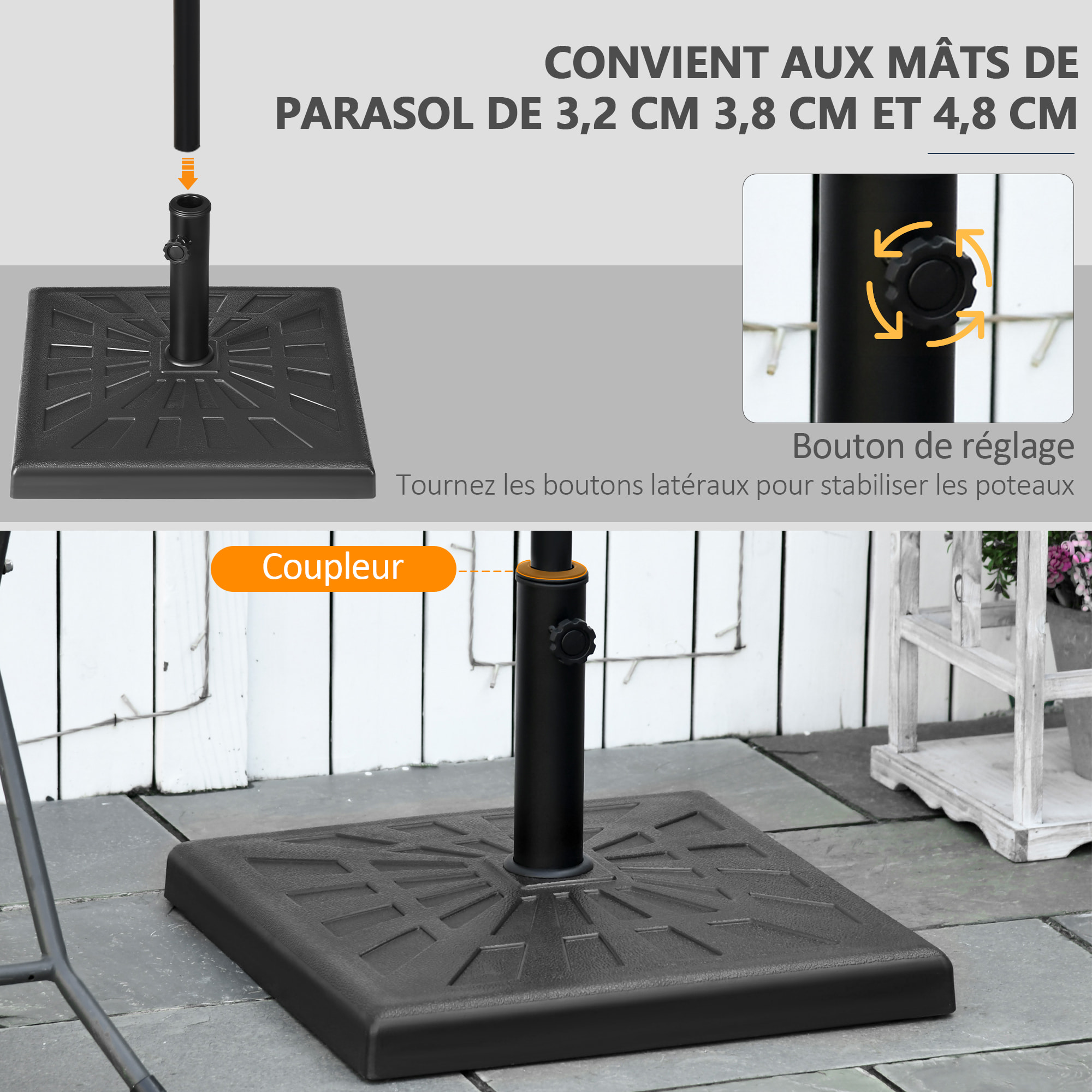 Pied de parasol poids net 19 Kg - 51x51x32cm - polyrésine noir