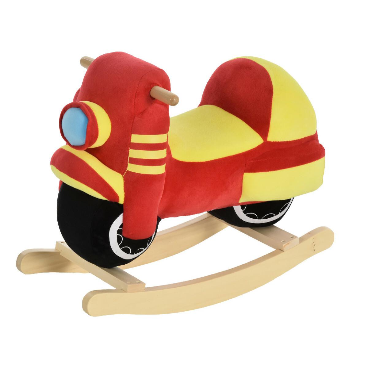 Cheval à bascule modèle moto fonction musicale selle grand confort peluche courte douce bois peuplier rouge et jaune dim. 60L x 25,5l x 48H cm