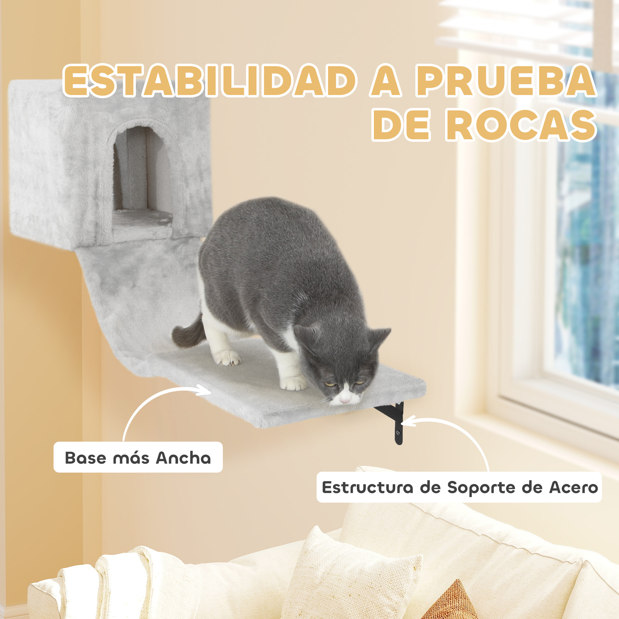 Juego de Pared de Escalada para Gatos de 6 Piezas Estanterías para Gatos con Condominio Plataforma Hamaca Escaleras Percha Tabla Rascador Poste de Sisal Bola de Juguete Gris