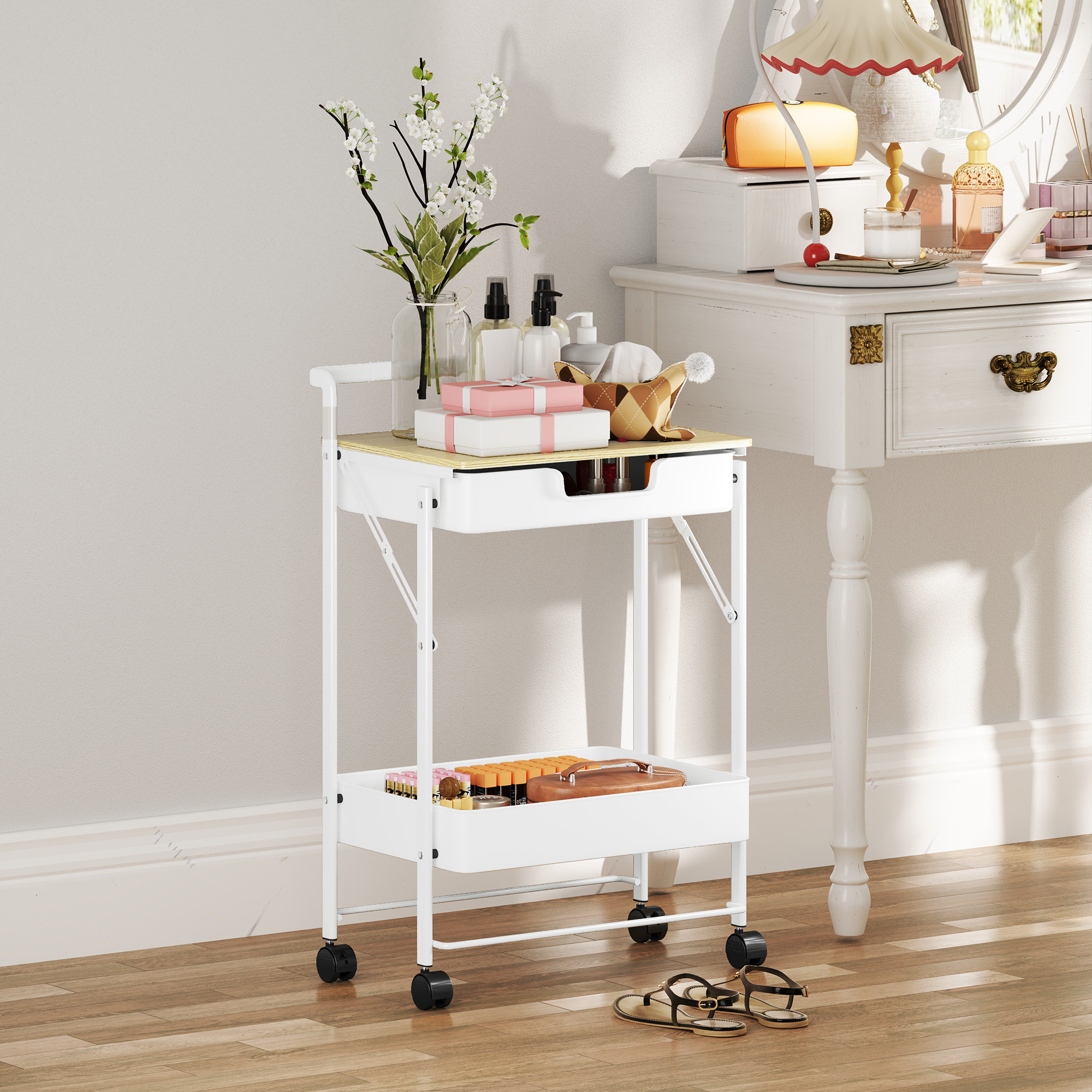 Carrito Auxiliar con Ruedas de 2 Niveles Carro de Cocina Estrecho con 1 Cajón y 1 Cesta Carrito Organizador para Dormitorio Salón Oficina Blanco