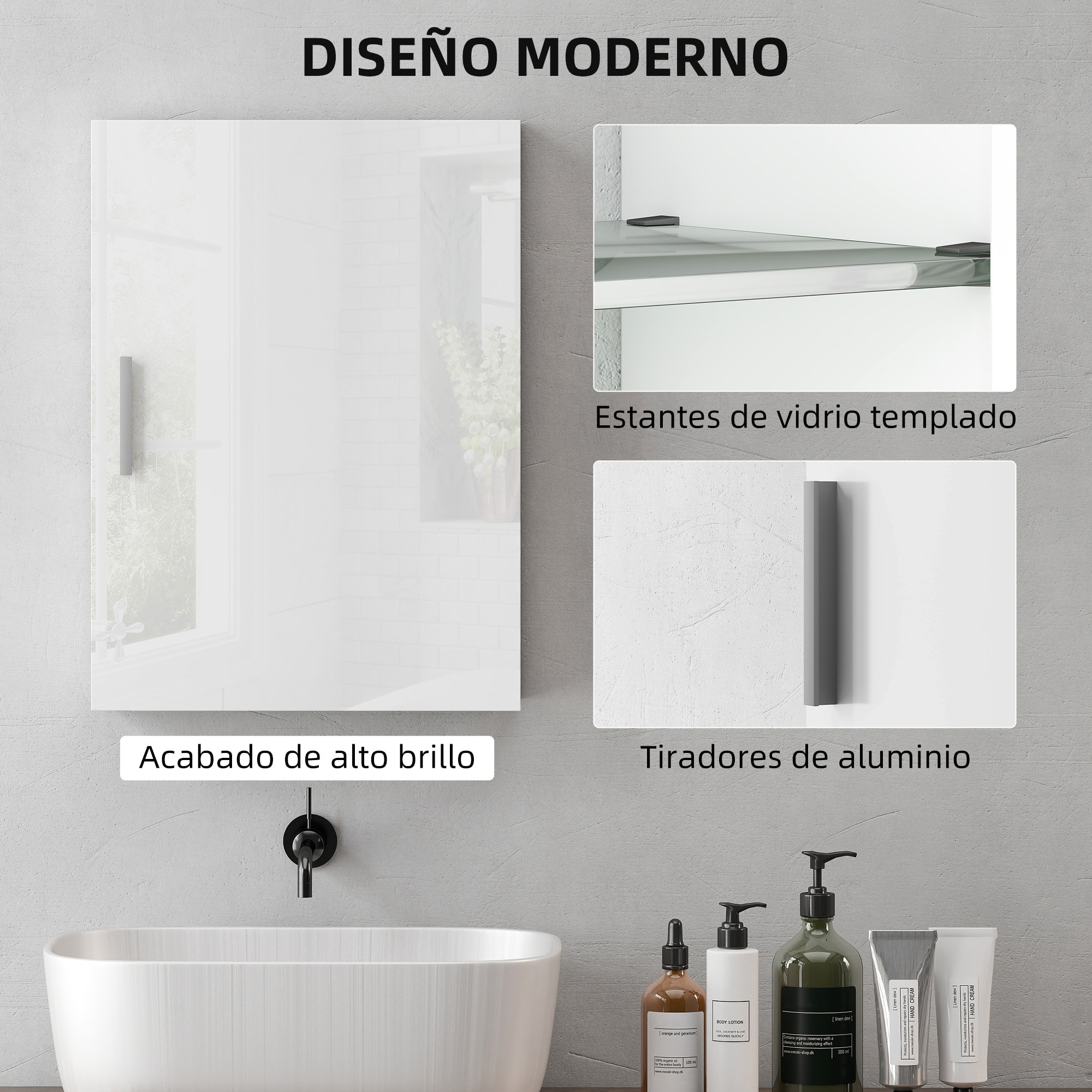 Armario de Baño Pared, Mueble de Baño Colgar con Estantes Ajustables de Vidrio Templado, Ahorro de Espacio, para Entrada, 40x15x55 cm, Blanco Brillo