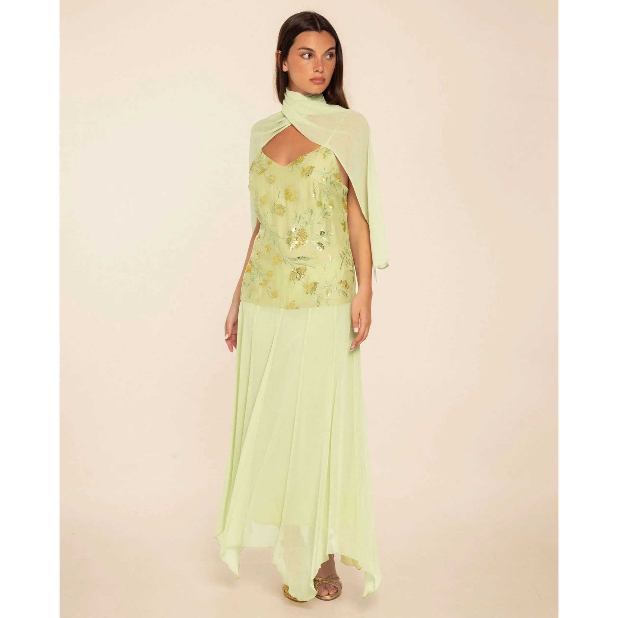 Vestido midi con cuerpo de bordados y gasa