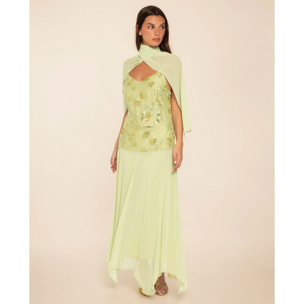 Vestido midi con cuerpo de bordados y gasa