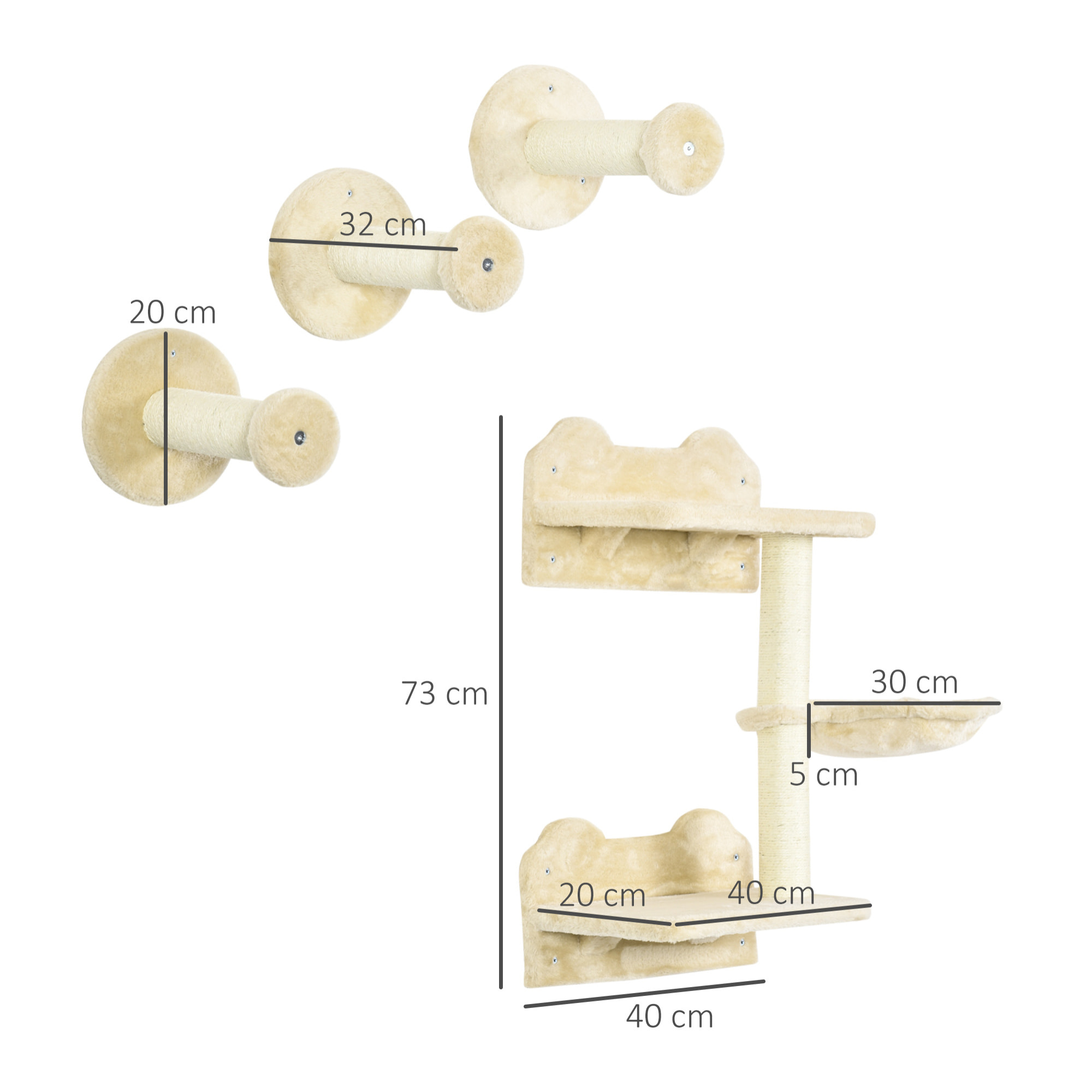 Juego de Estanterías para Gatos de 4 Piezas Rascador de Pared para Gatos con 3 Postes de Sisal Hamaca y 1 Plataforma para Saltar de 3 Niveles Beige