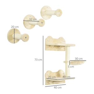 Juego de Estanterías para Gatos de 4 Piezas Rascador de Pared para Gatos con 3 Postes de Sisal Hamaca y 1 Plataforma para Saltar de 3 Niveles Beige