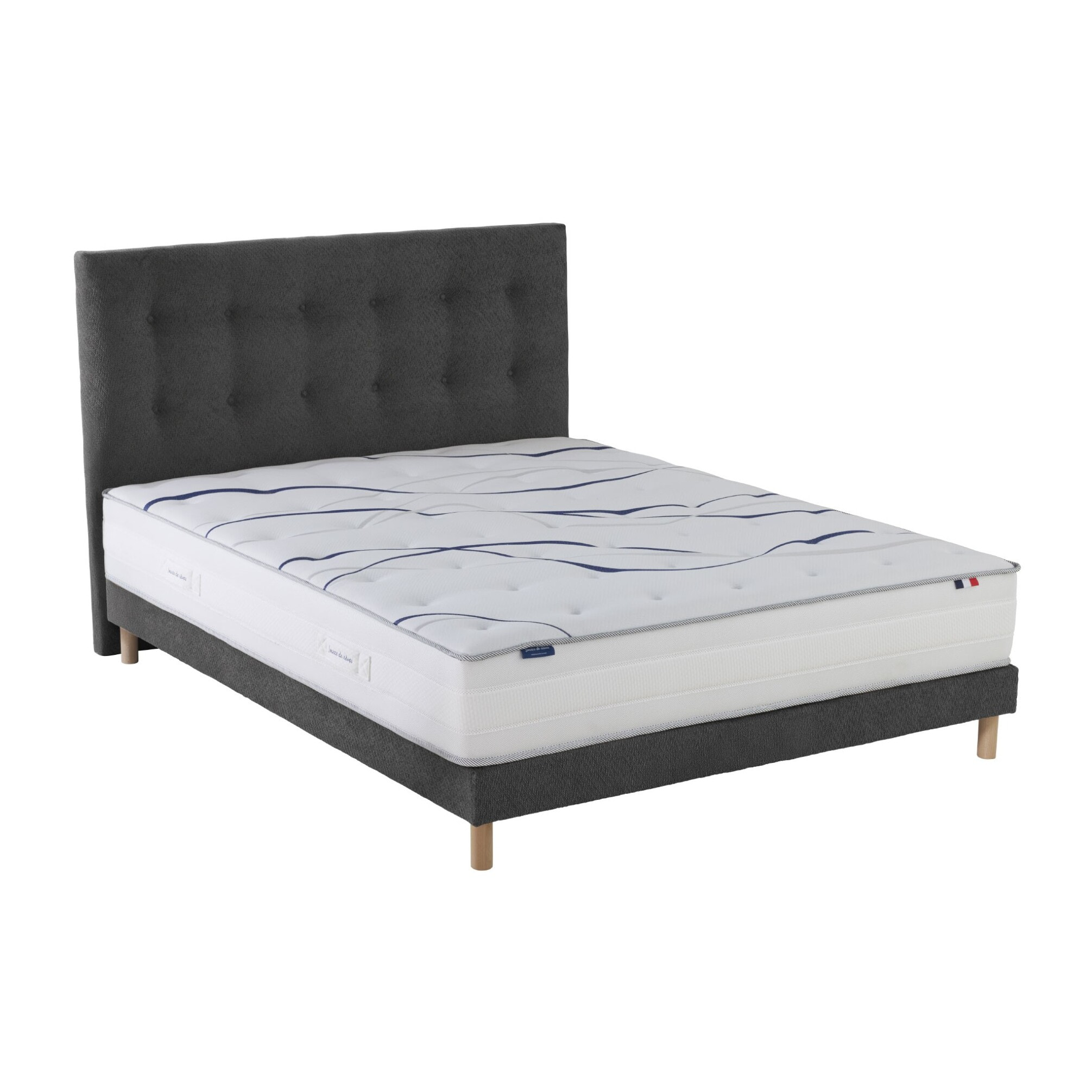Ensemble matelas mousse HD NUVIA + sommier + tête de lit, chenille bouclettes Gris anthracite