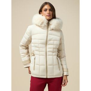 Oltre - Waisted down jacket with furry edge and inserts - Beige