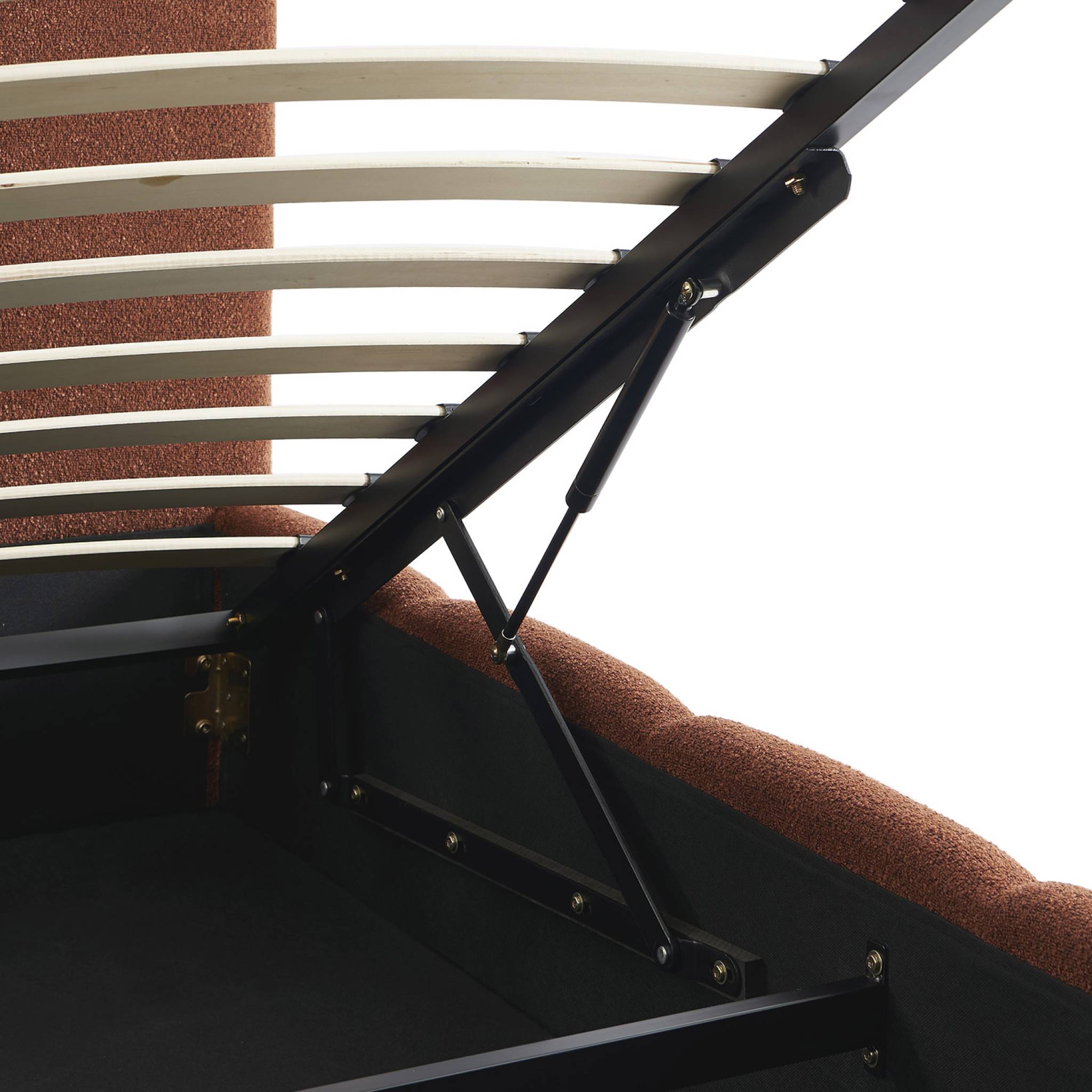 Lit coffre double avec sommier à lattes et tête de lit terracotta 160 x 200 cm bouclette texturée - Lex