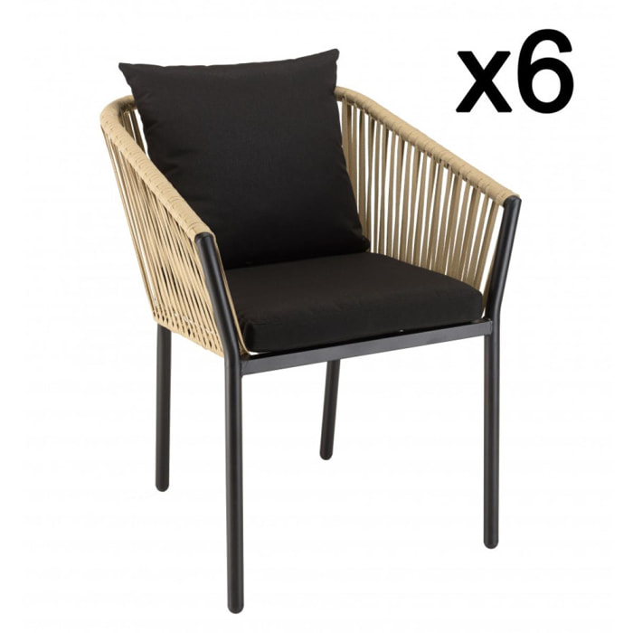 MALO - Lot de 6 fauteuils en cordage couleur naturelle coussins noirs
