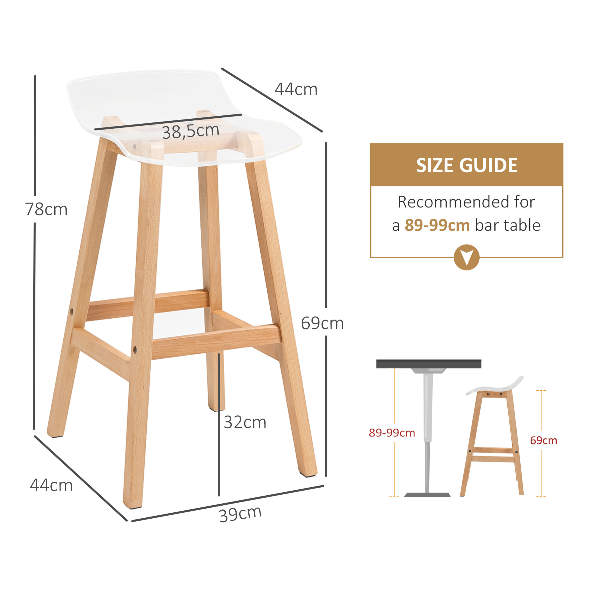 Lot de 2 tabourets de bar design contemporain bois de hêtre assise acrylique transparent