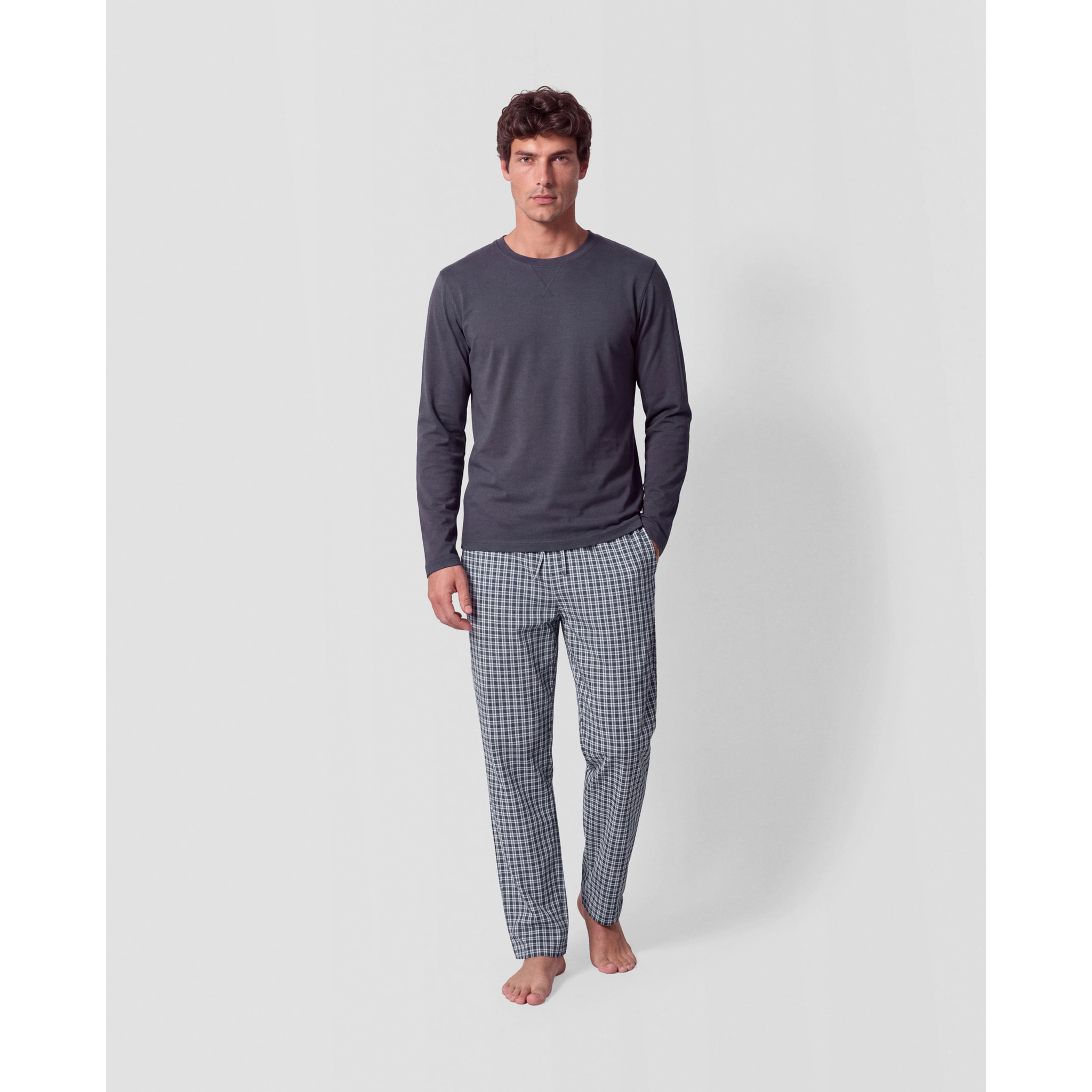 Pijama largo de algodón cuadro velia gris marengo