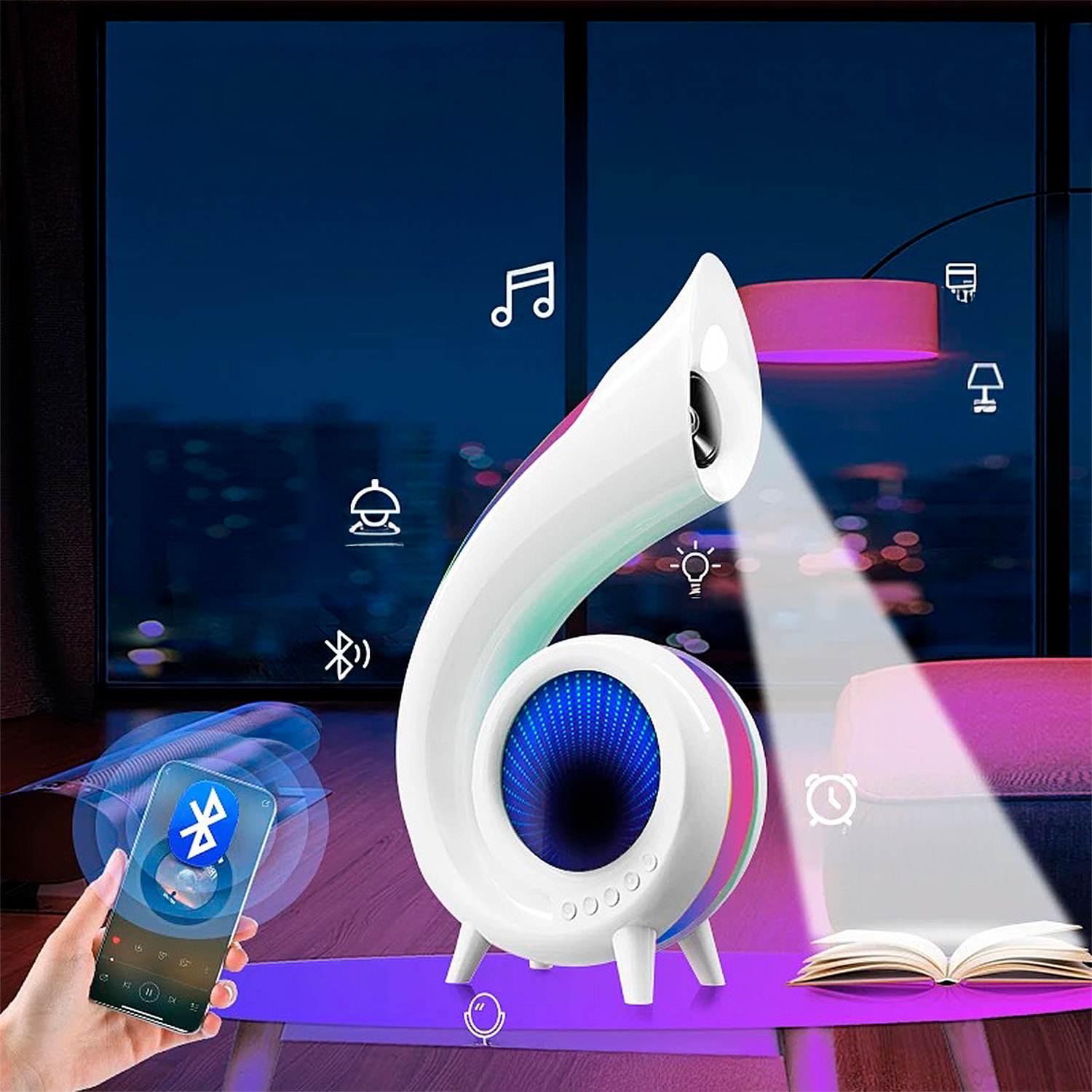 Altoparlante a conchiglia 6 in 1 con luce ambientale unica con 256 modalità e 16M di colori. Orologio, sveglie e specchio per il trucco. BT5.0 + TF.