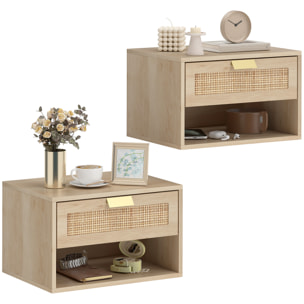 Juego de 2 Mesitas de Noche Flotantes, Mesillas de Noche Dormitorio con Cajón de Ratán, Estante Abierto, Ahorra Espacio, Diseño Nórdico, para Sala de Estar, 40x30x25 cm, Roble