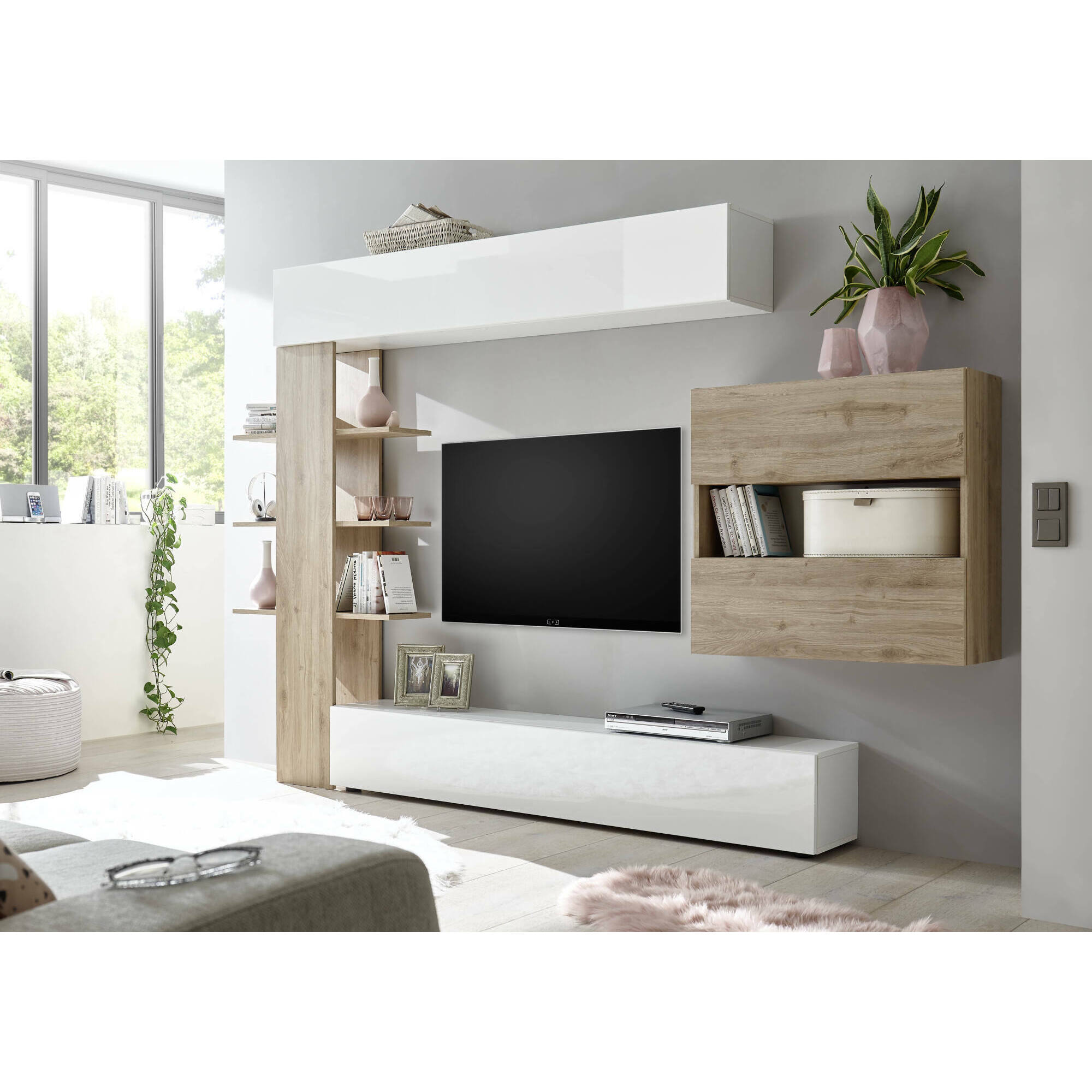 Parete attrezzata Aragosta, Composizione soggiorno, Mobile salotto multiuso, Armadio porta TV, Made in Italy, 295x30 h187 cm, Bianco lucido e Rovere