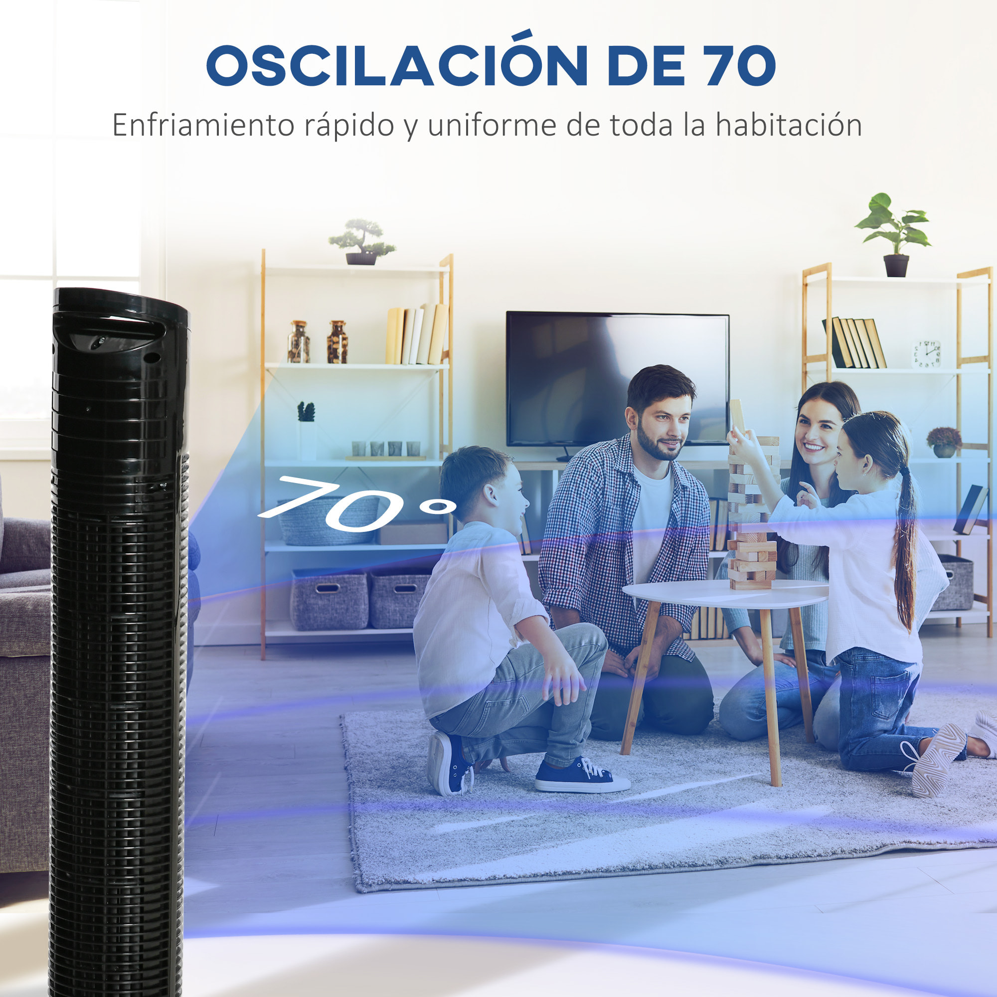 Ventilador de Torre Ventilador Vertical 50W con Mando a Distancia 3 Velocidades Pantalla LED Temporizador 7,5h y Oscilante 70° Ø20x78,5 cm