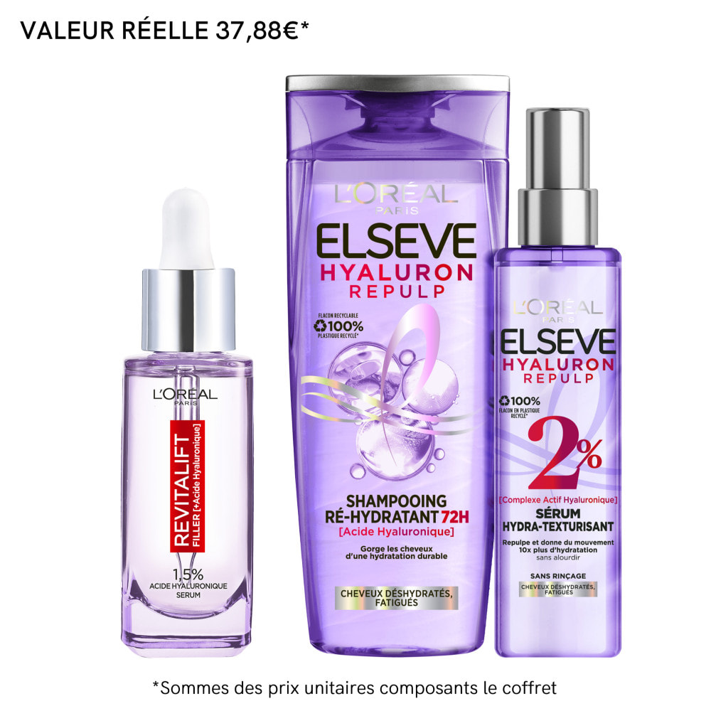 Routine Beauté Visage et Cheveux Acide Hyaluronique - Sérum Revitalift Filler Anti-rides 30ml - Shampooing Elseve Hyaluron Repul