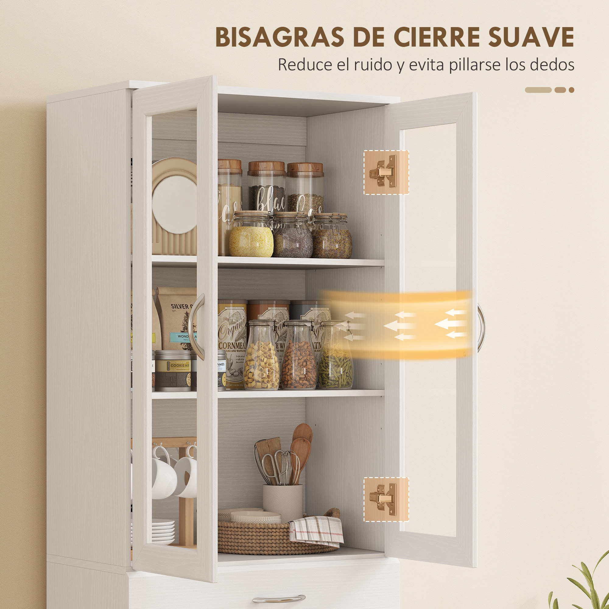 Alacena de Cocina, Mueble Auxiliar de Cocina con Puertas de Vidrio, Cajón, Estantes Ajustables, para Comedor, Salón, Blanco, 60x35x180 cm