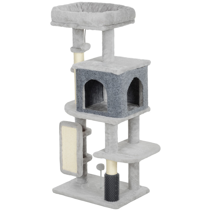 Arbre à chat H.104 cm - griffoir, grattoir, bande massante, jeux boules, niche, plateforme observation - gris