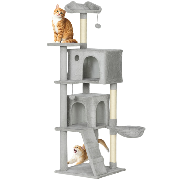 Árbol Rascador para Gatos, Árbol para Gatos 160 cm, Torre Escalador con Múltiples Plataformas, Cama, 2 Cuevas, Hamaca, Escalera, Postes de Sisal, Bolas para Jugar, Gris Claro