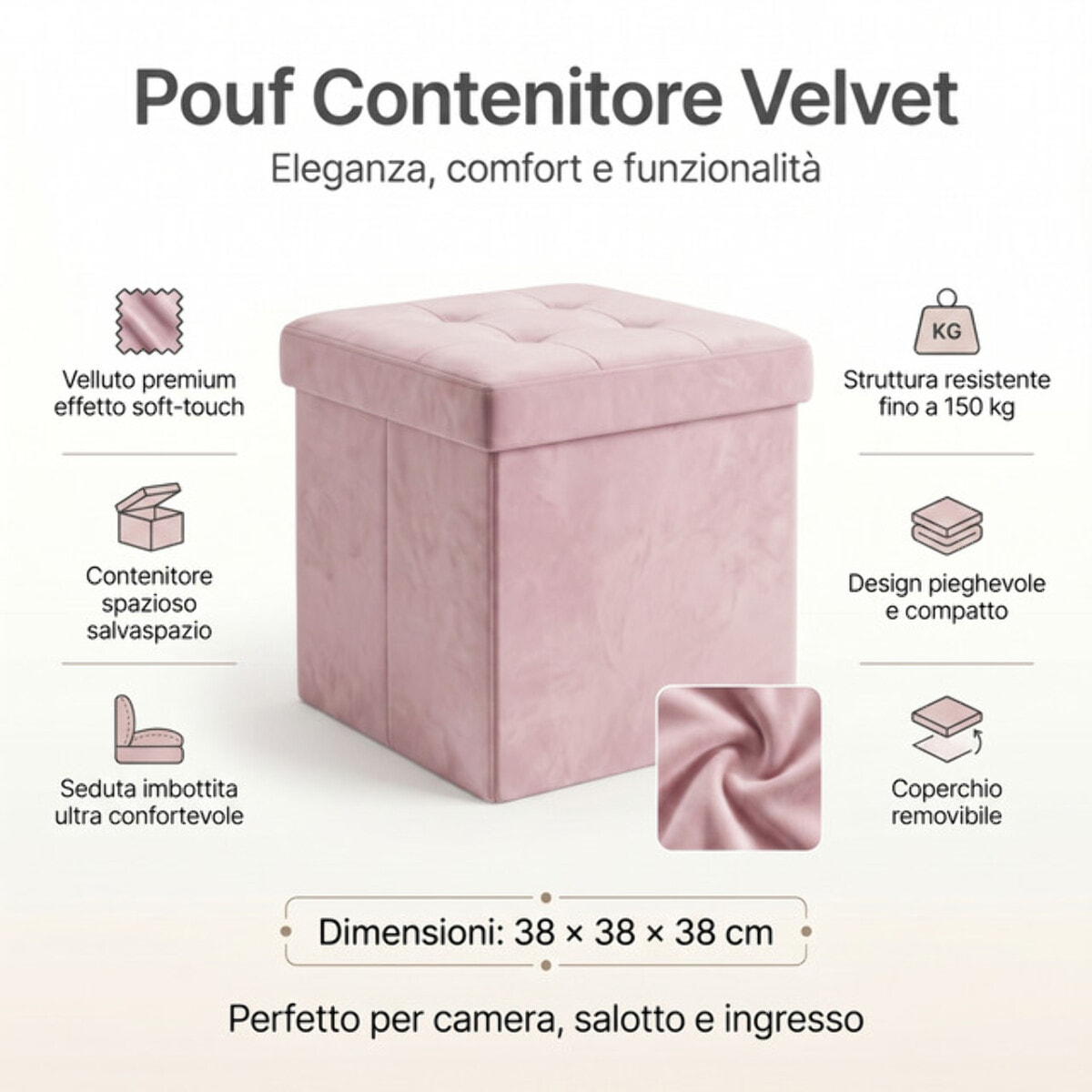 Pouf contenitore in velluto 38x38x38 cm, cubo imbottito con vano interno, seduta elegante effetto velvet trapuntato, resistente fino a 150 kg, salvaspazio ideale per camera soggiorno ingresso e cameretta