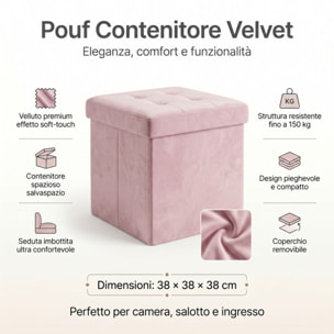 Pouf contenitore in velluto 38x38x38 cm, cubo imbottito con vano interno, seduta elegante effetto velvet trapuntato, resistente fino a 150 kg, salvaspazio ideale per camera soggiorno ingresso e cameretta