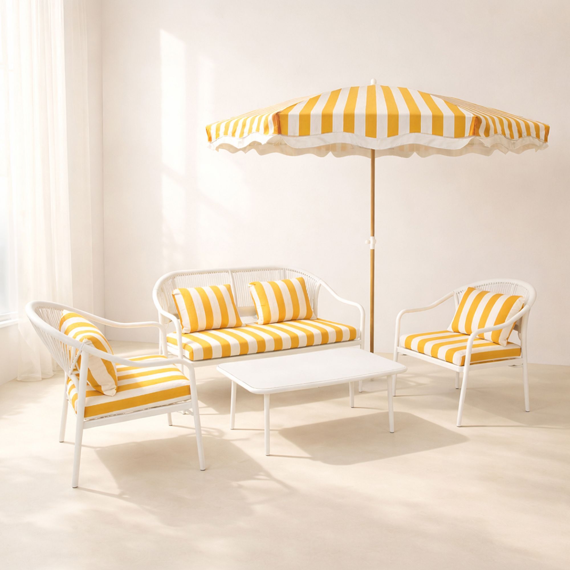 Ensemble salon jardin en acier + parasol blanc et bouton d or positano