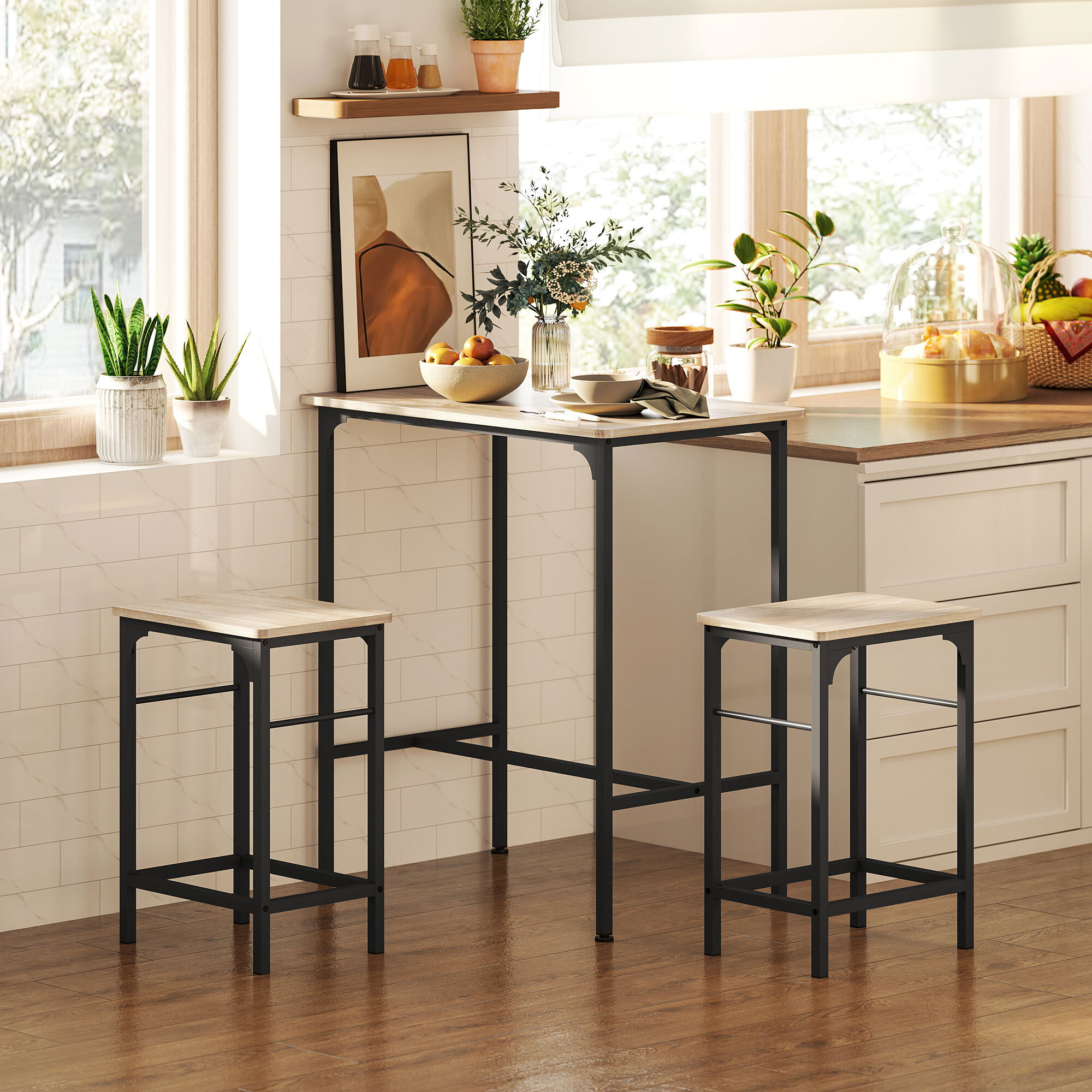 Ensemble table de bar avec 2 tabourets acier noir effet bois de chêne clair