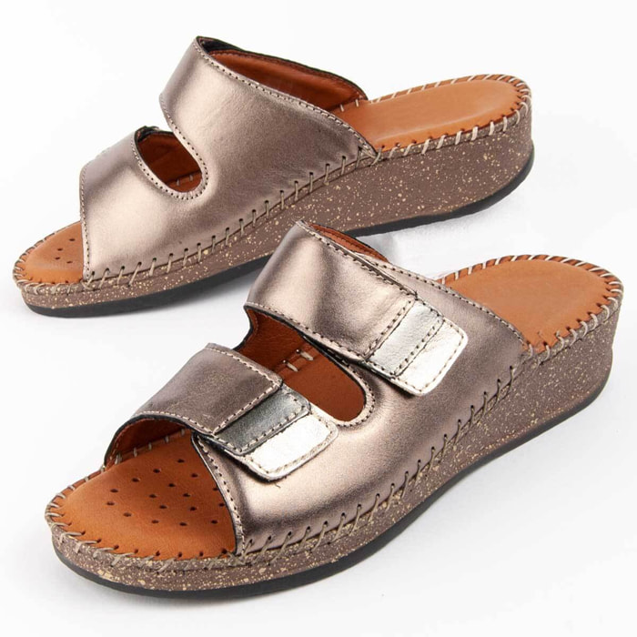 Sandalia De Cuña De Piel - Gris - Altura: 4 Cm