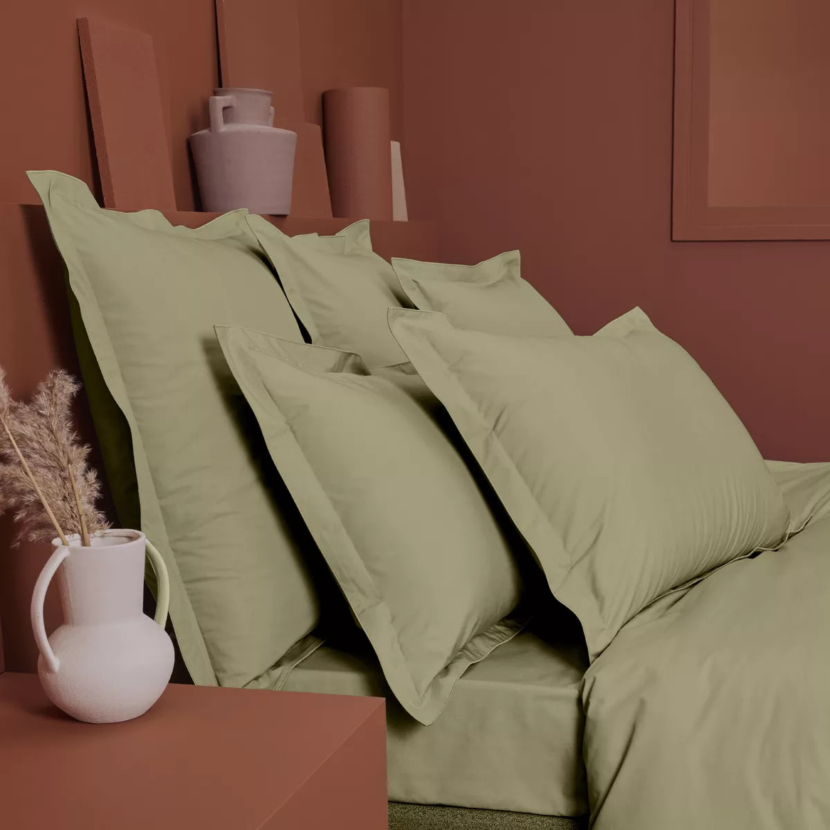 Taie de traversin percale de coton uni beige La percale francaise champagne