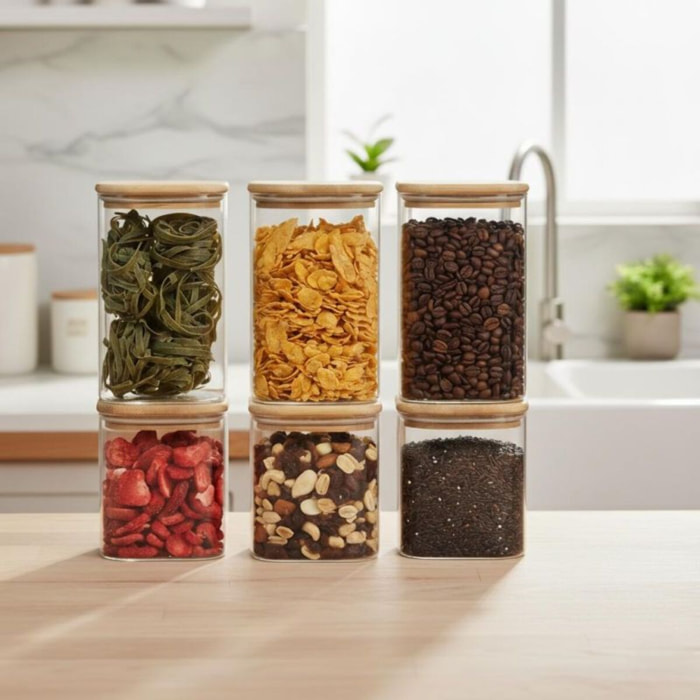 Set 6 bocaux en verre conception angulaire et couvercle en bois de haute qualité Classbach C-VD4030